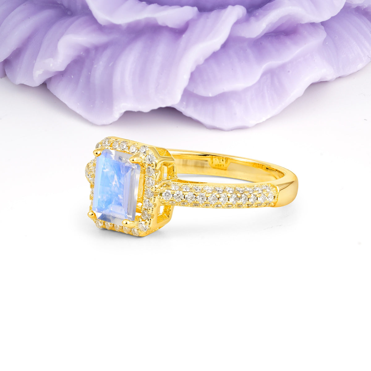 Luxurious Vintage 4 Prong Emerald Cut Moonstone Engagement Ring - Additional view