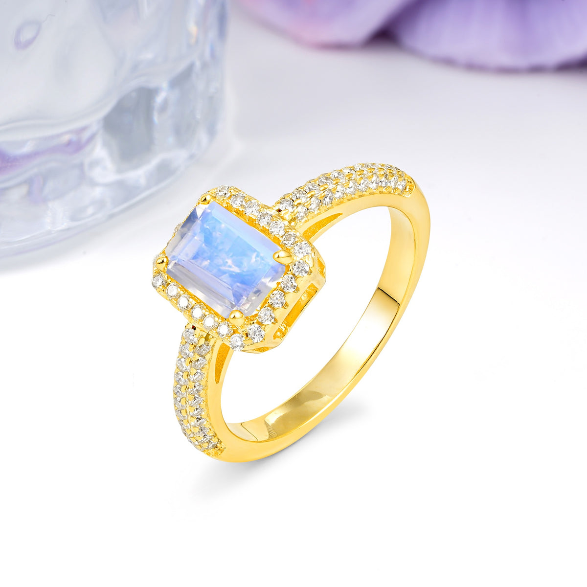 Luxurious Vintage 4 Prong Emerald Cut Moonstone Engagement Ring - Additional view