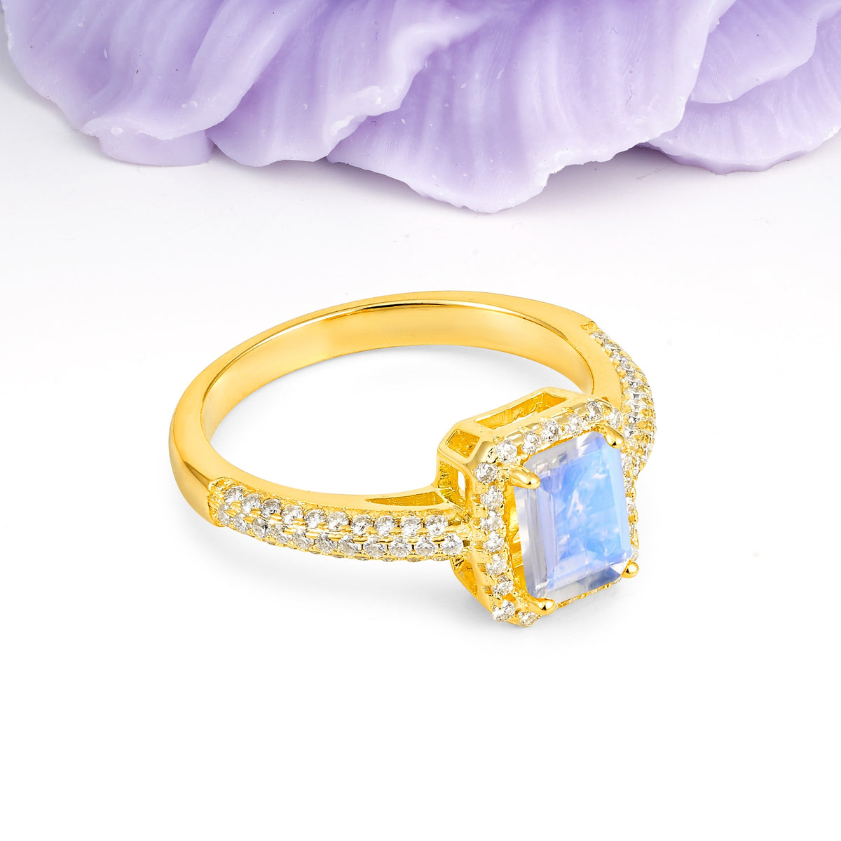 Luxurious Vintage 4 Prong Emerald Cut Moonstone Engagement Ring - Additional view