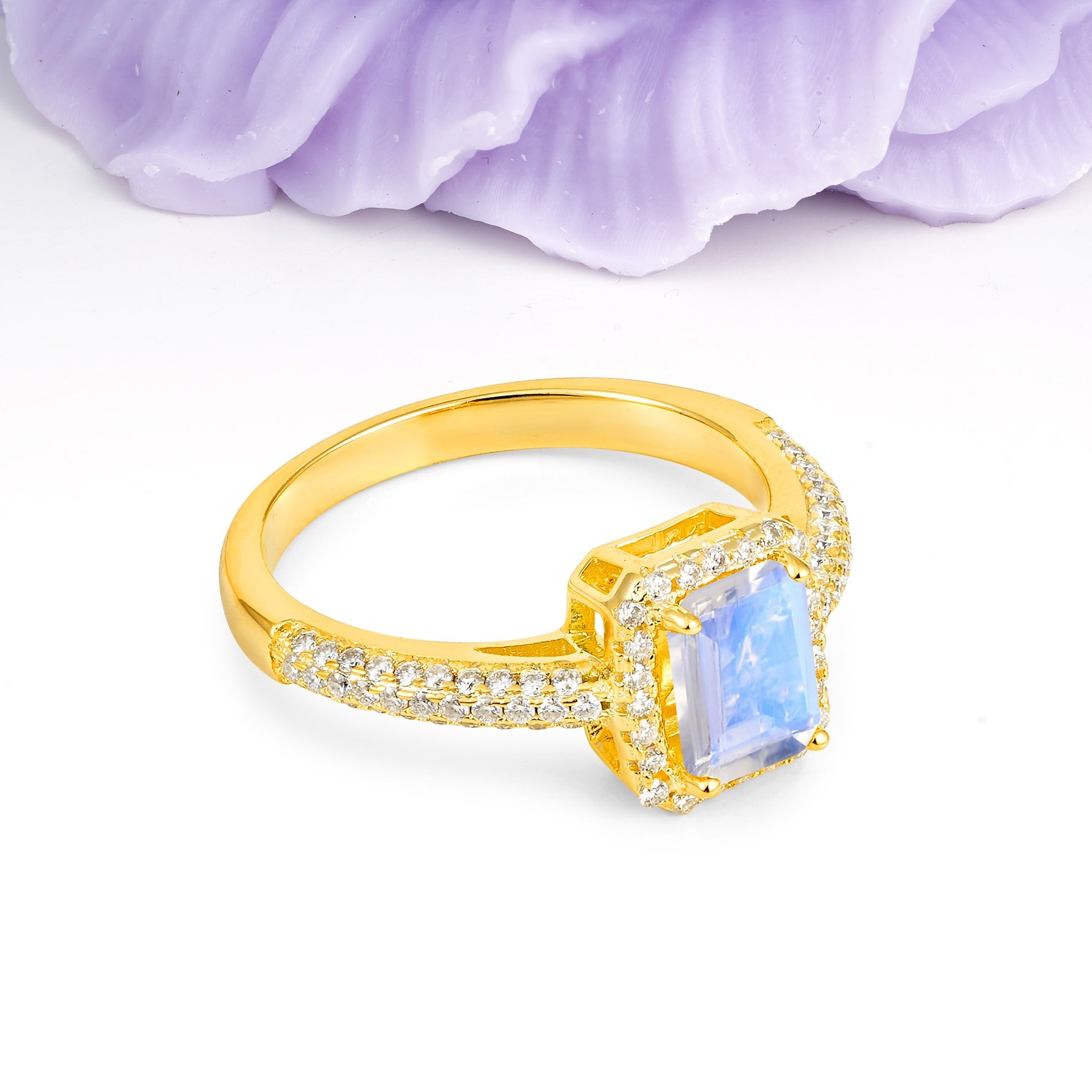 Luxurious Vintage 4 Prong Emerald Cut Moonstone Engagement Ring - Additional view
