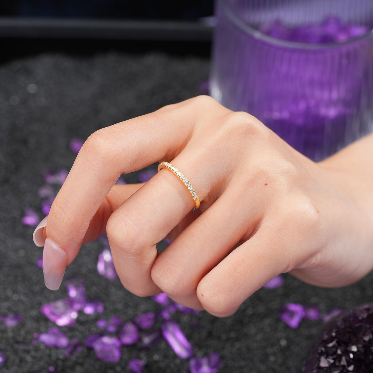 Sparkling Pave Thin Band Half Eternity Moissanite Wedding Ring - Additional view
