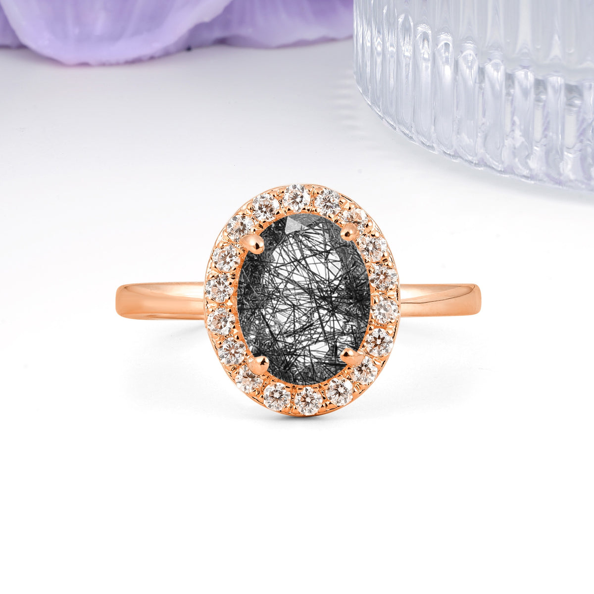 Luxurious and Unique 4-Prong Oval Cut Black Rutilated Quartz Engagement Ring - Additional view