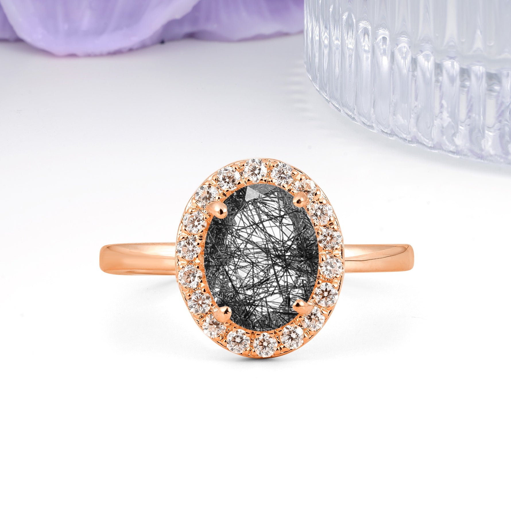 Luxurious and Unique 4-Prong Oval Cut Black Rutilated Quartz Engagement Ring - Additional view