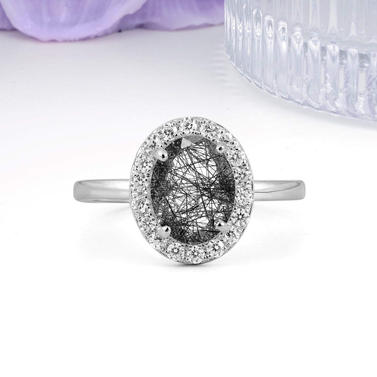 Luxurious and Unique 4-Prong Oval Cut Black Rutilated Quartz Engagement Ring - Additional view