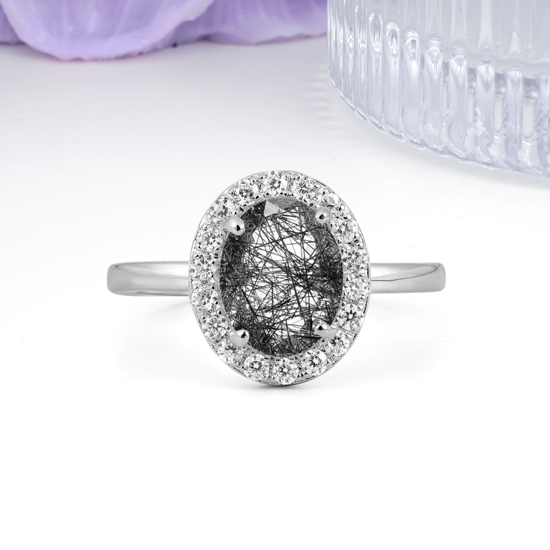 Luxurious and Unique 4-Prong Oval Cut Black Rutilated Quartz Engagement Ring - Additional view
