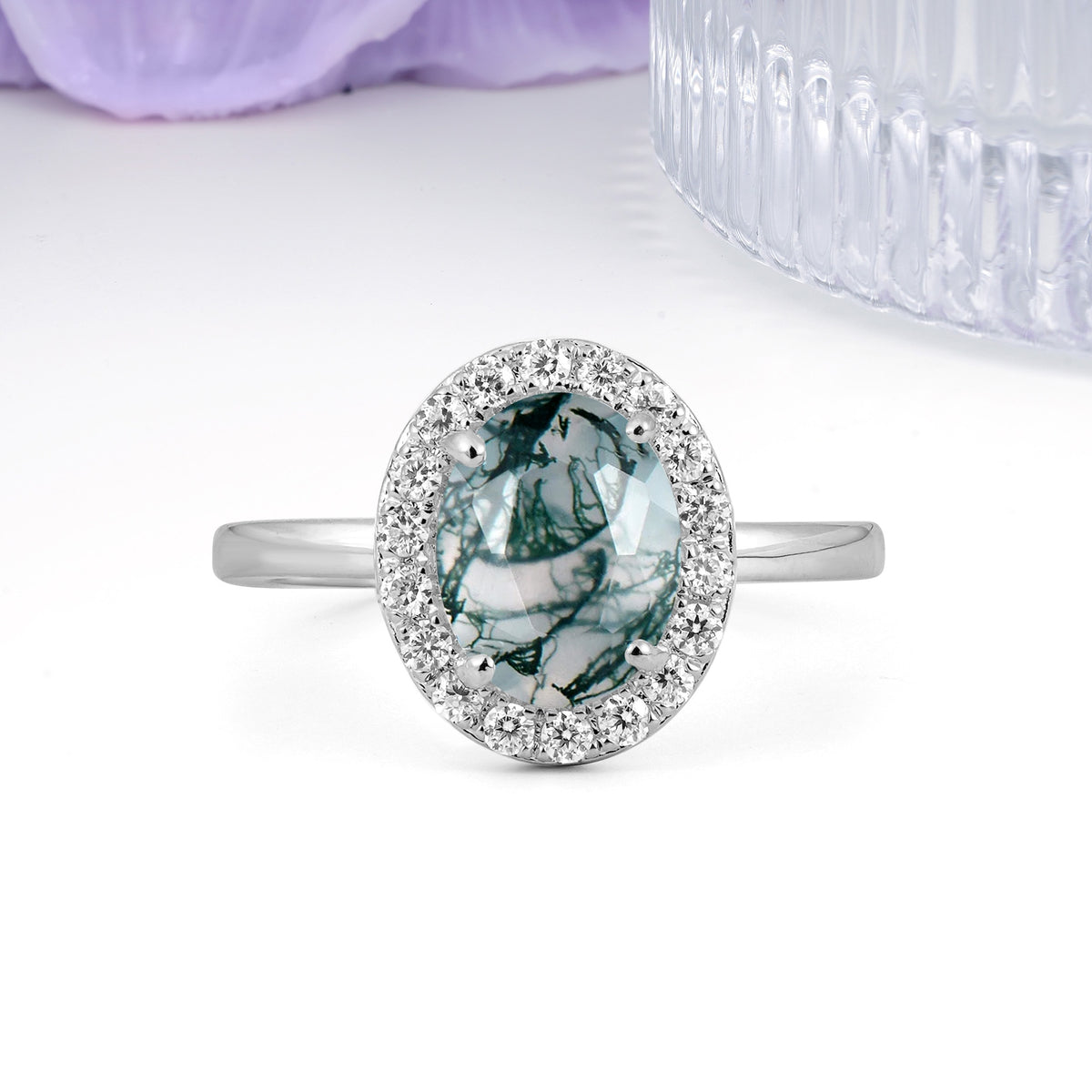 Luxurious and Unique 4-Prong Oval Cut Moss Agate Engagement Ring - Additional view