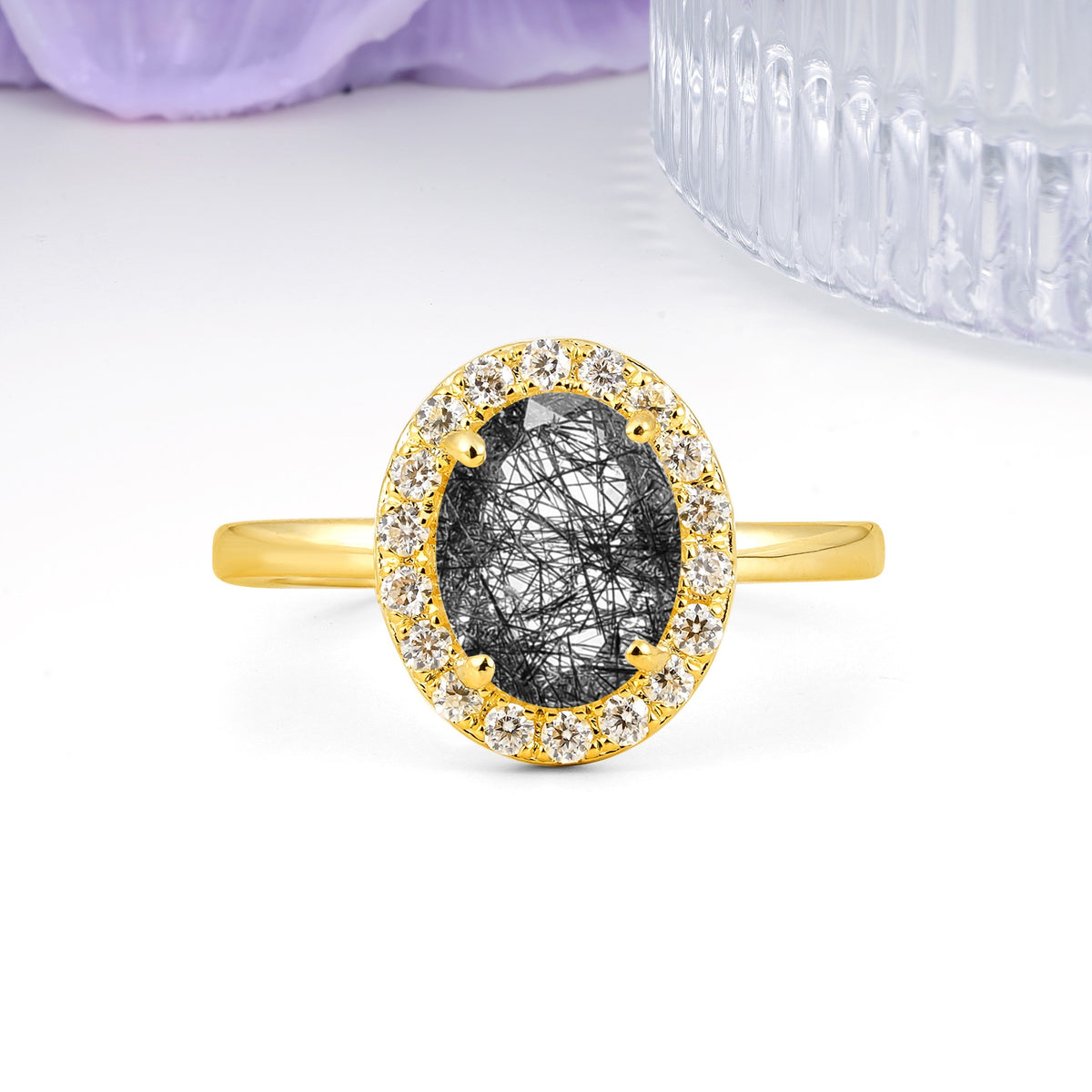Luxurious and Unique 4-Prong Oval Cut Black Rutilated Quartz Engagement Ring - Additional view