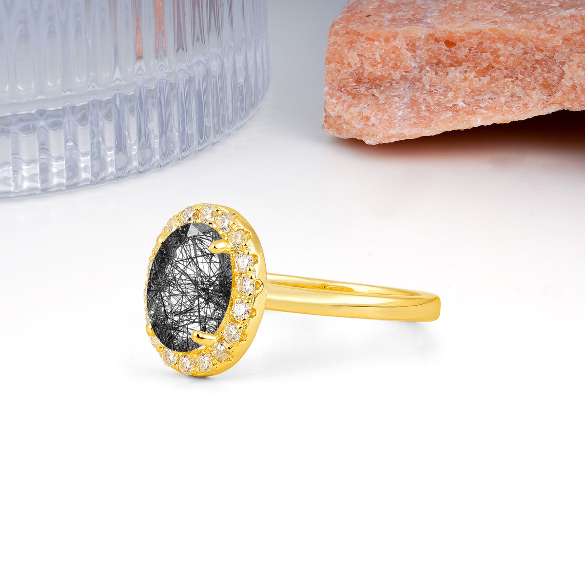 Luxurious and Unique 4-Prong Oval Cut Black Rutilated Quartz Engagement Ring - Additional view