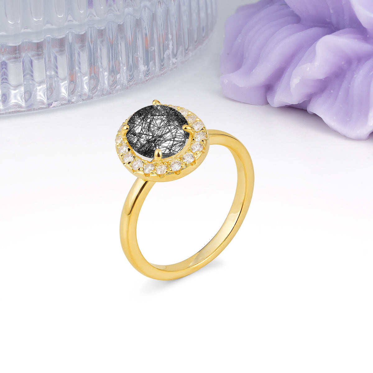 Luxurious and Unique 4-Prong Oval Cut Black Rutilated Quartz Engagement Ring - Additional view