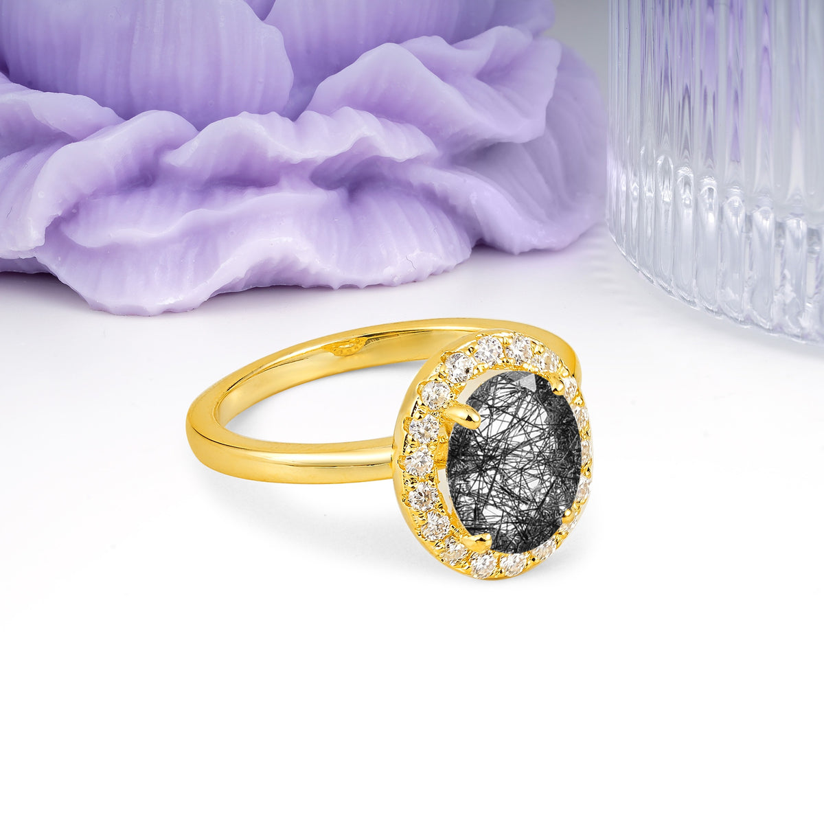Luxurious and Unique 4-Prong Oval Cut Black Rutilated Quartz Engagement Ring - Additional view