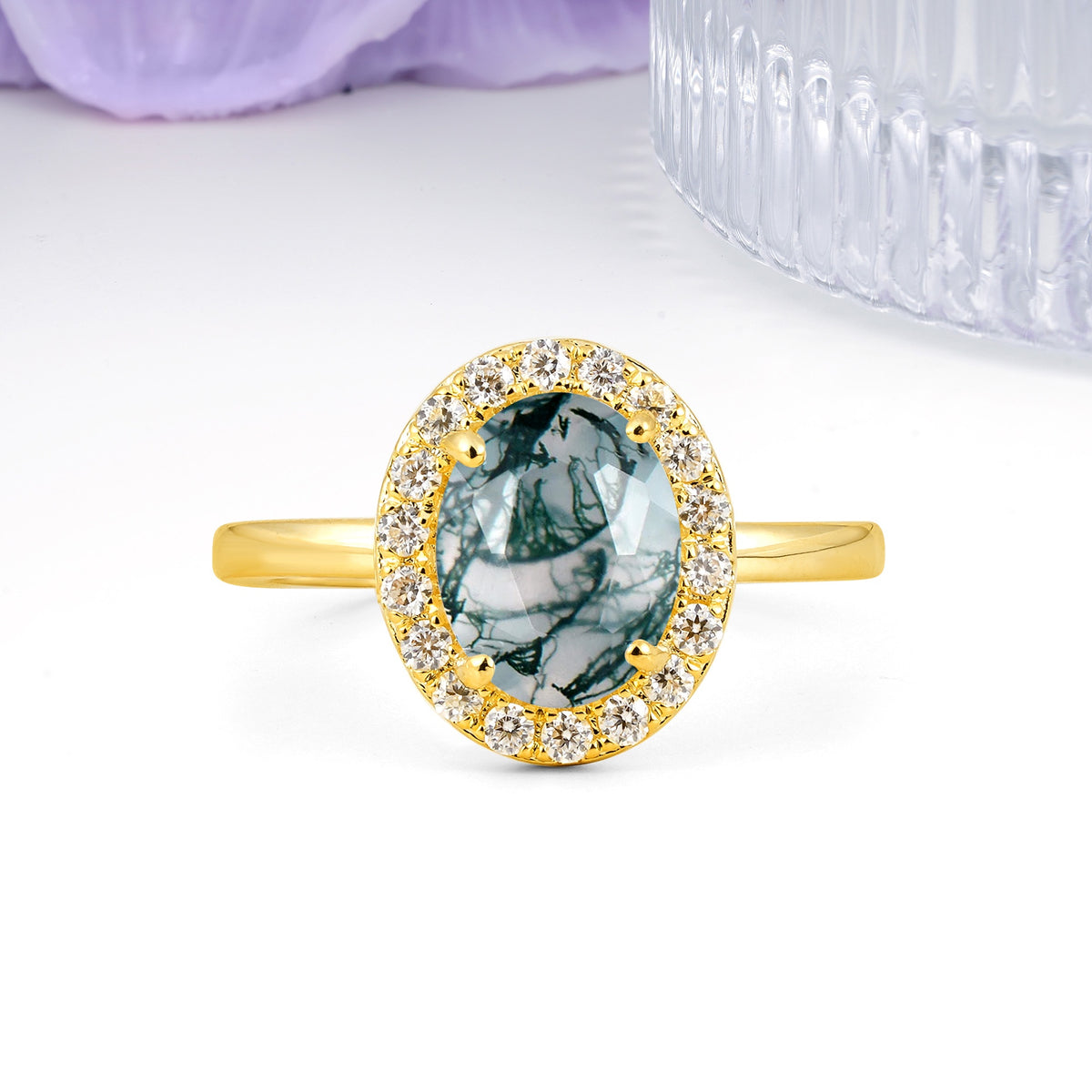 Luxurious and Unique 4-Prong Oval Cut Moss Agate Engagement Ring - Additional view