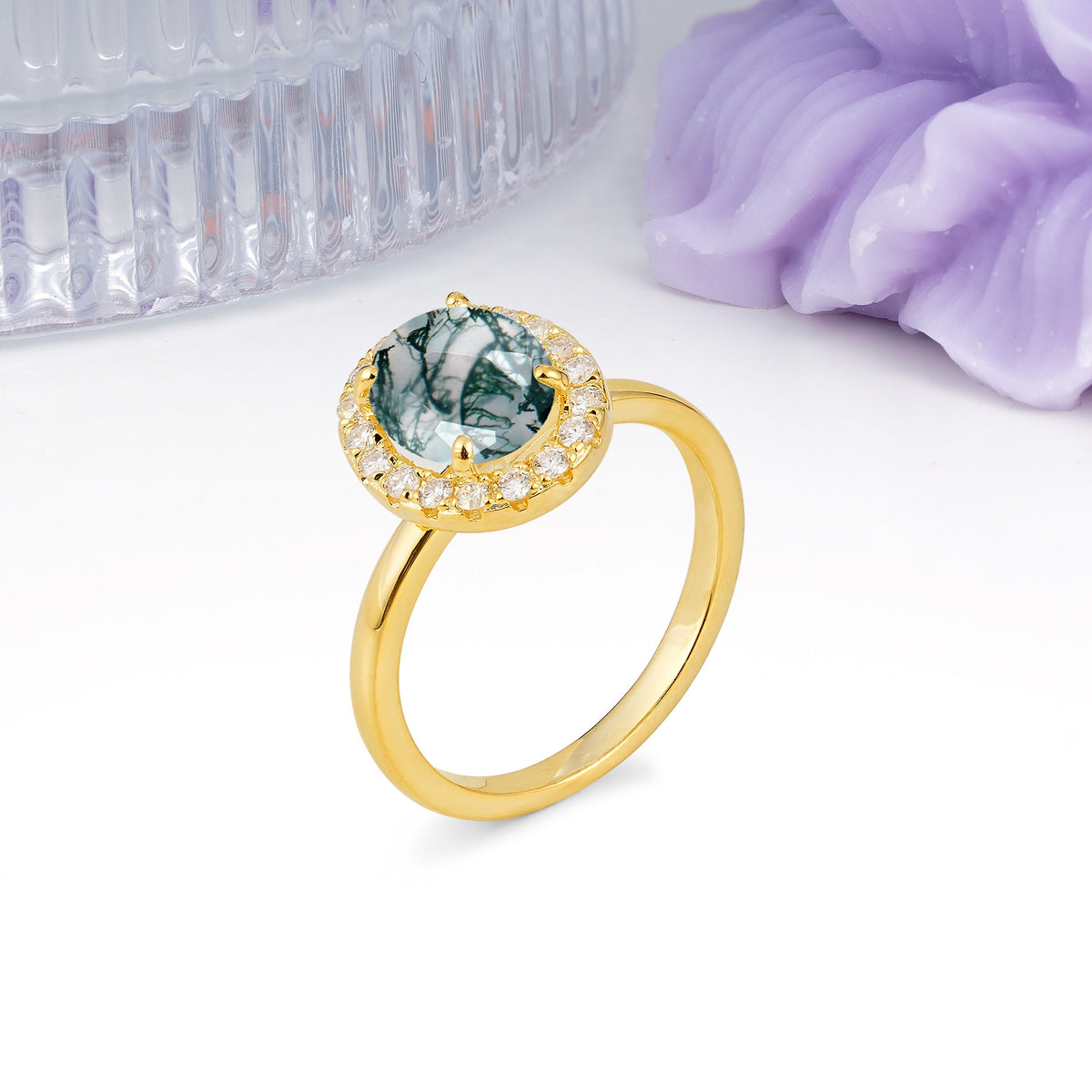 Luxurious and Unique 4-Prong Oval Cut Moss Agate Engagement Ring - Additional view