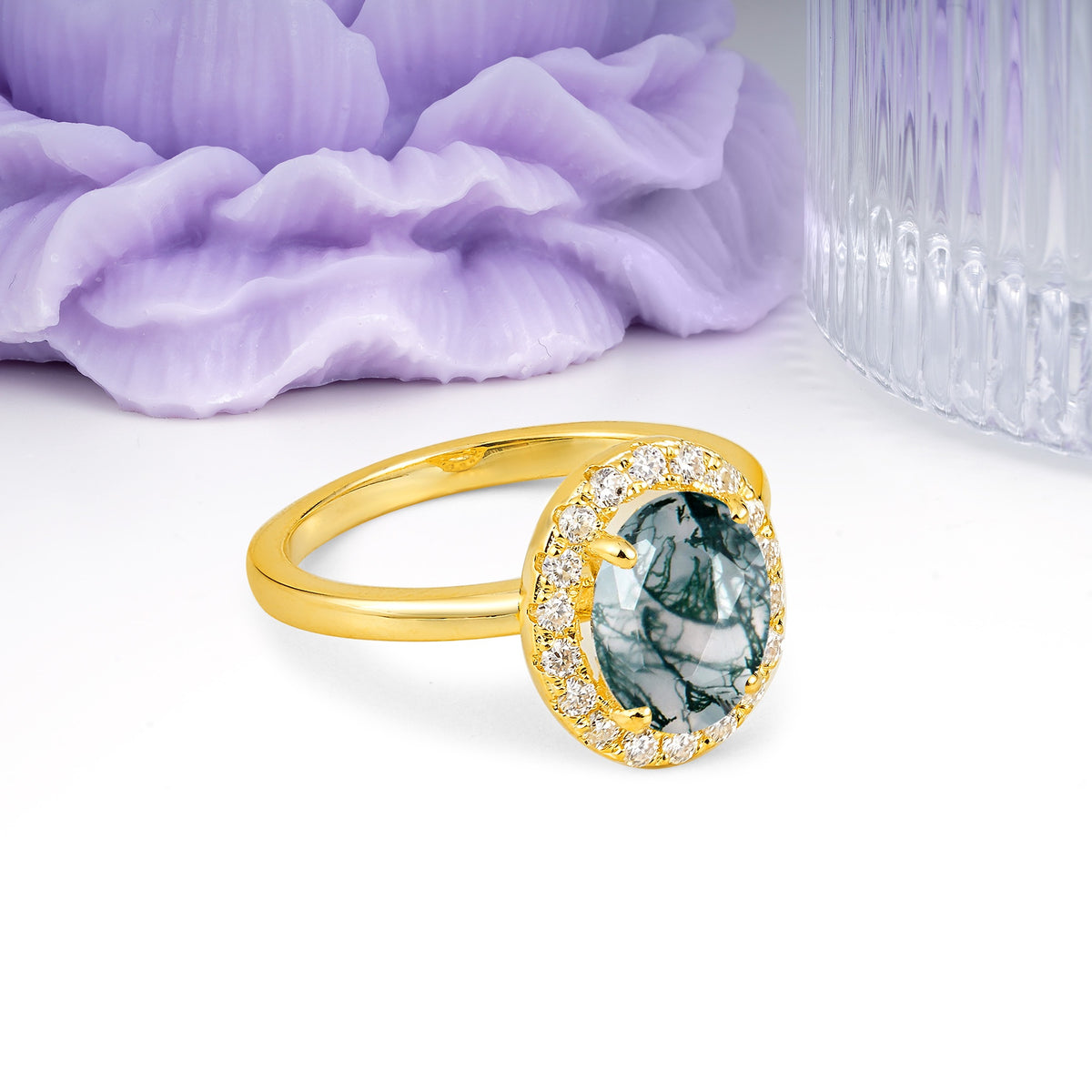Luxurious and Unique 4-Prong Oval Cut Moss Agate Engagement Ring - Additional view