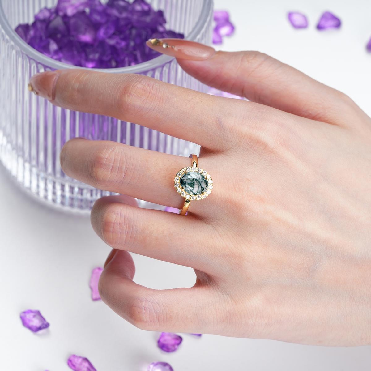 Luxurious and Unique 4-Prong Oval Cut Moss Agate Engagement Ring