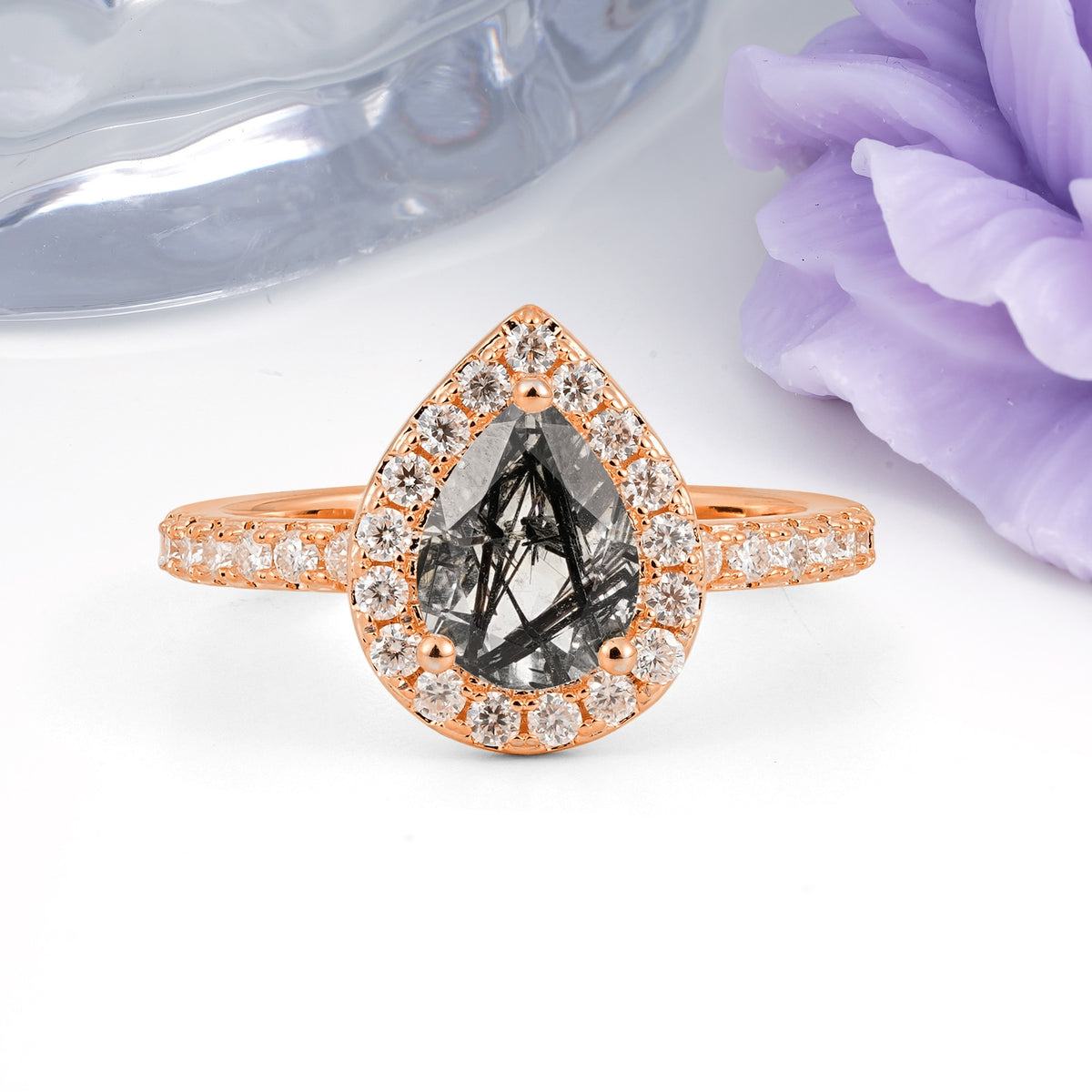 Luxurious Vintage 3 Prong Pear Cut Black Rutilated Quartz Engagement Ring - Additional view