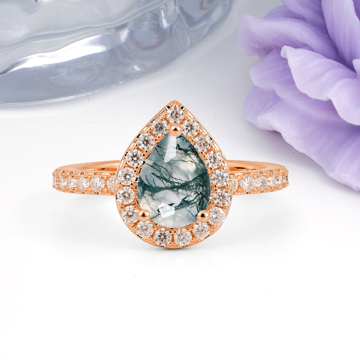 Luxurious Vintage 3 Prong Pear Cut Moss Agate Engagement Ring - Additional view