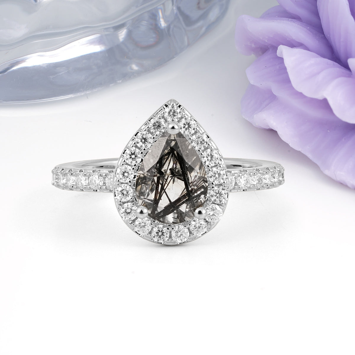 Luxurious Vintage 3 Prong Pear Cut Black Rutilated Quartz Engagement Ring - Additional view