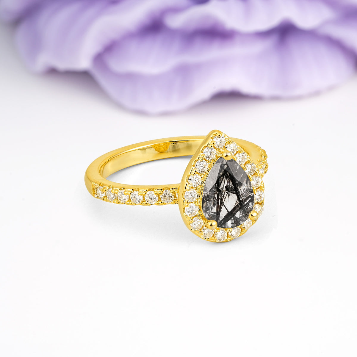 Luxurious Vintage 3 Prong Pear Cut Black Rutilated Quartz Engagement Ring - Additional view
