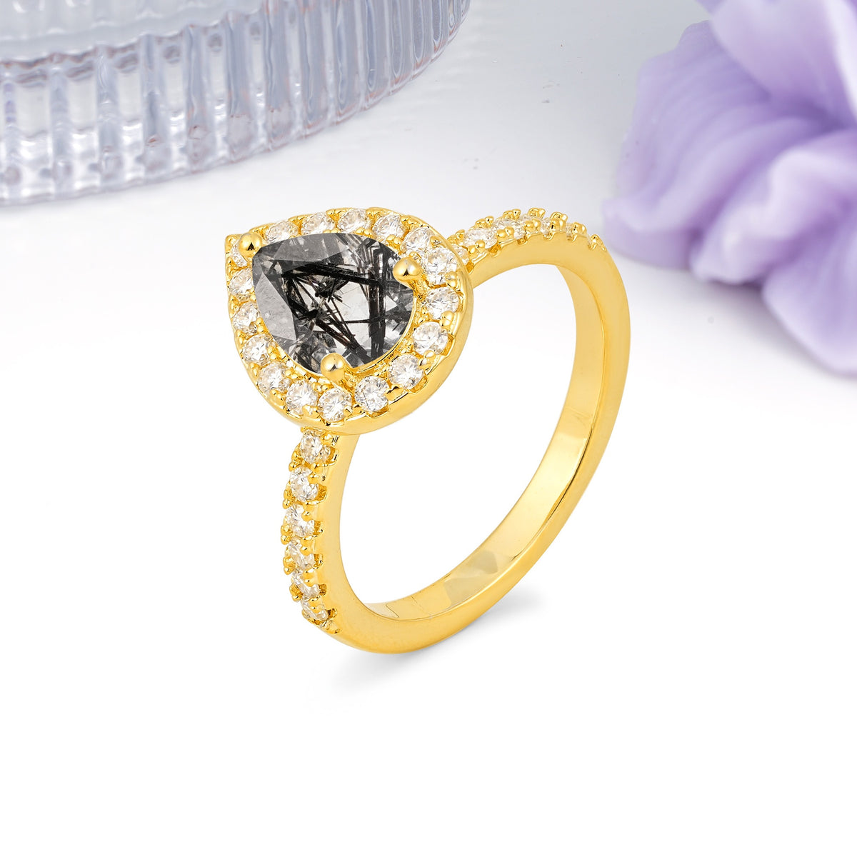 Luxurious Vintage 3 Prong Pear Cut Black Rutilated Quartz Engagement Ring - Additional view