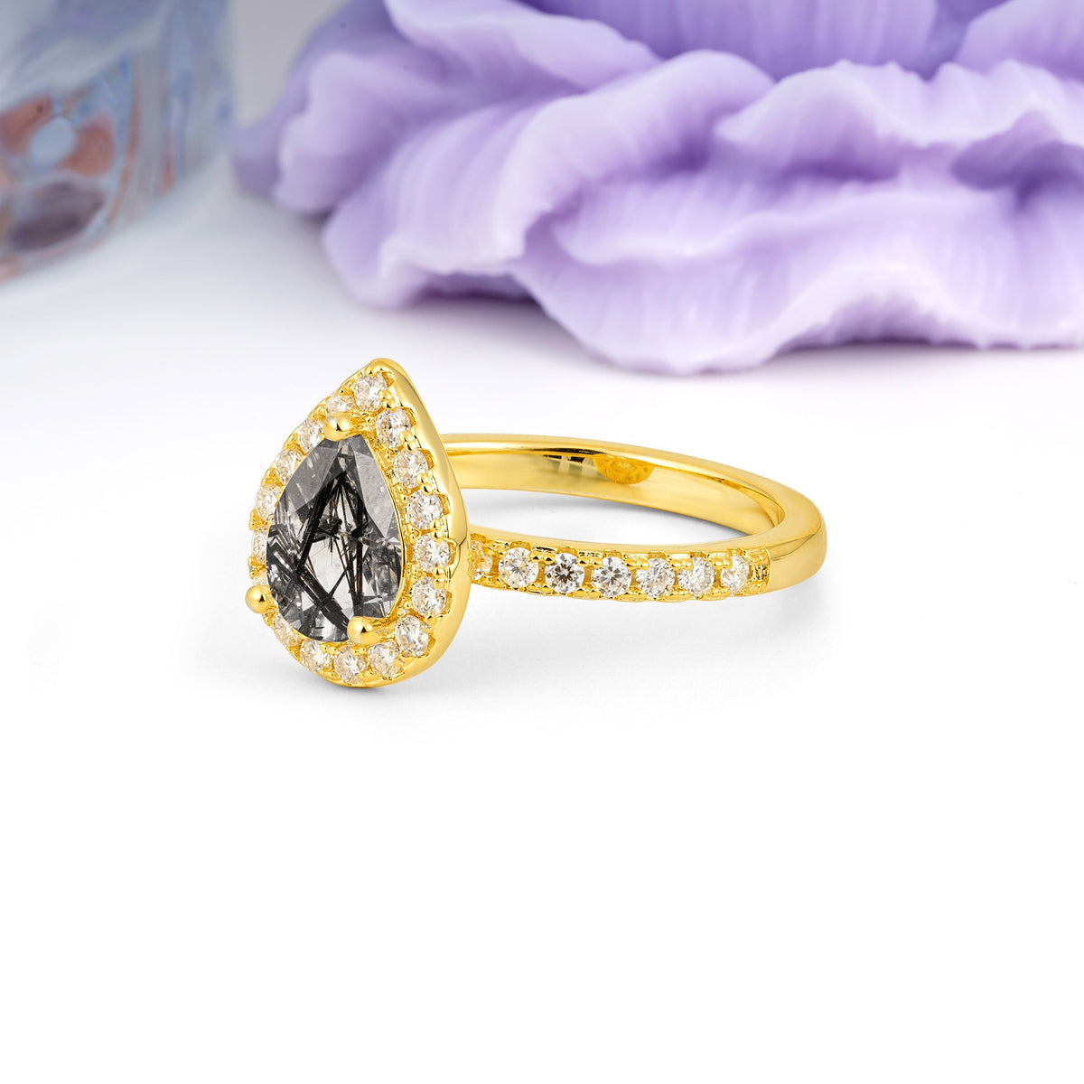Luxurious Vintage 3 Prong Pear Cut Black Rutilated Quartz Engagement Ring - Additional view
