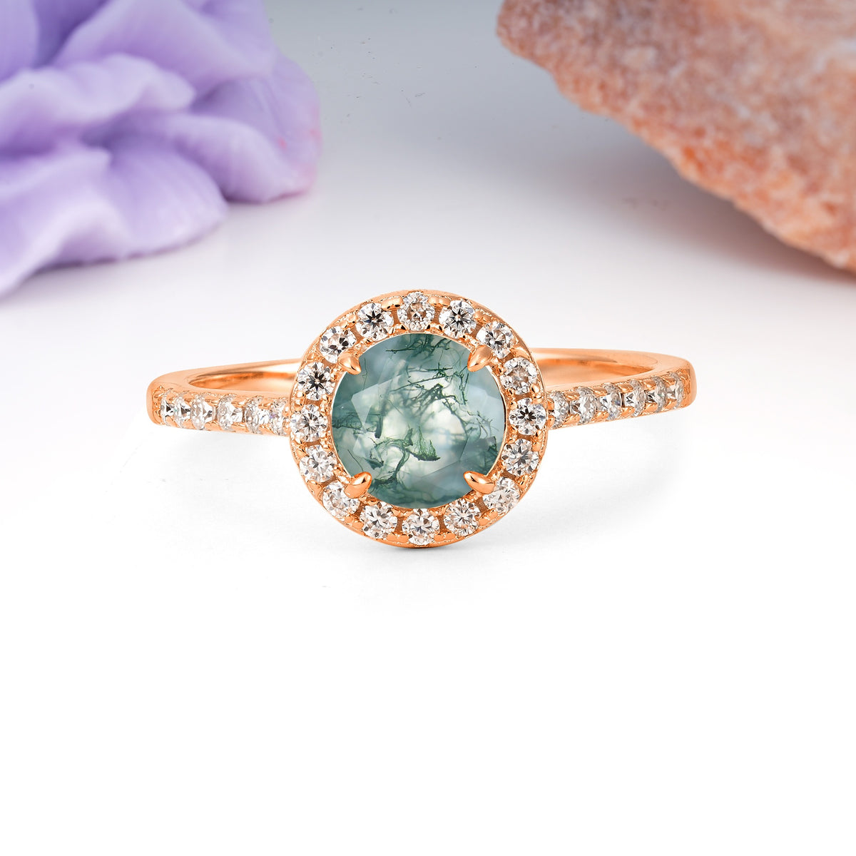 Luxurious Vintage 4 Prong Round Cut Moss Agate Engagement Ring - Additional view