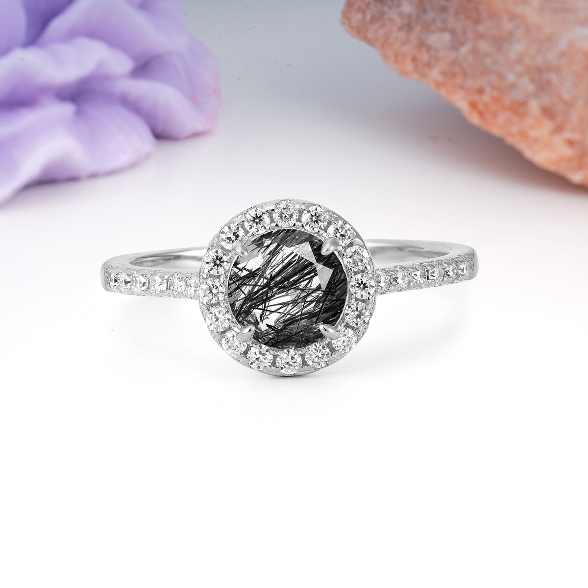 Luxurious Vintage 4 Prong Round Cut Black Rutilated Quartz Engagement Ring - Additional view