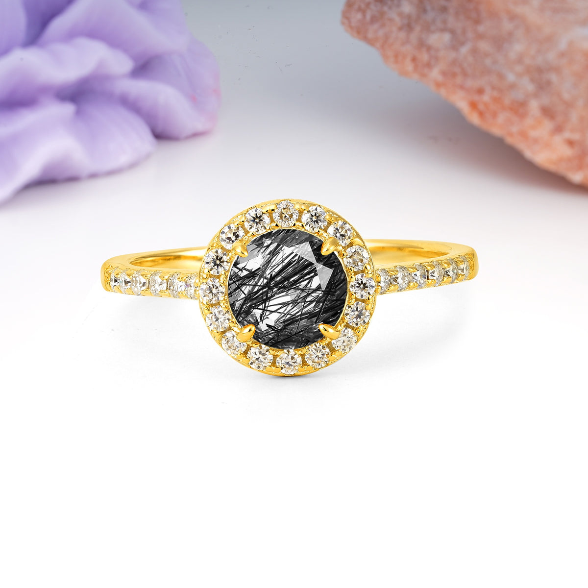 Luxurious Vintage 4 Prong Round Cut Black Rutilated Quartz Engagement Ring - Additional view