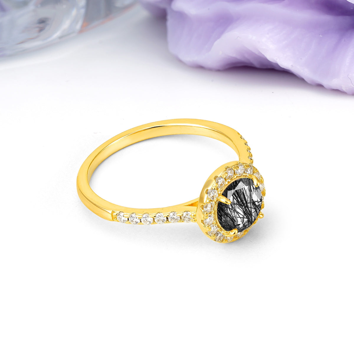 Luxurious Vintage 4 Prong Round Cut Black Rutilated Quartz Engagement Ring - Additional view
