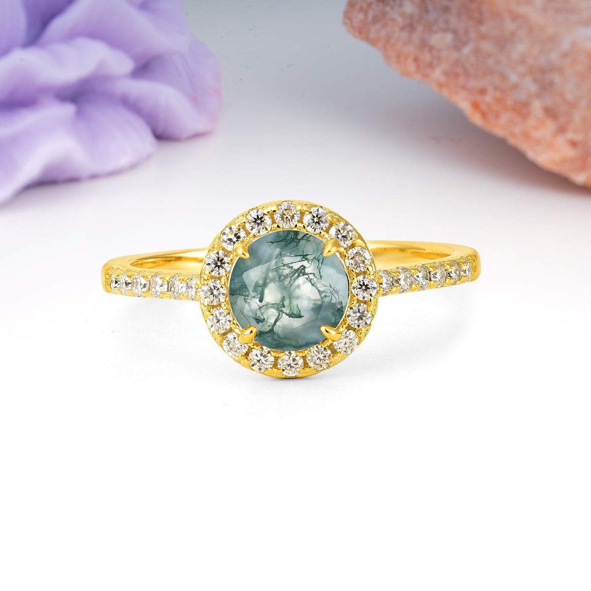 Luxurious Vintage 4 Prong Round Cut Moss Agate Engagement Ring - Additional view