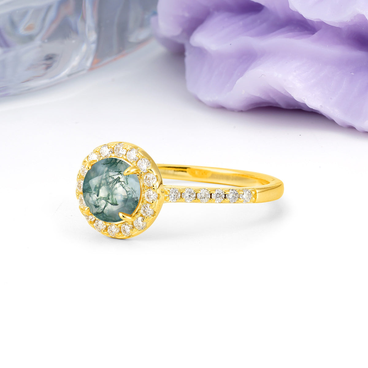 Luxurious Vintage 4 Prong Round Cut Moss Agate Engagement Ring - Additional view