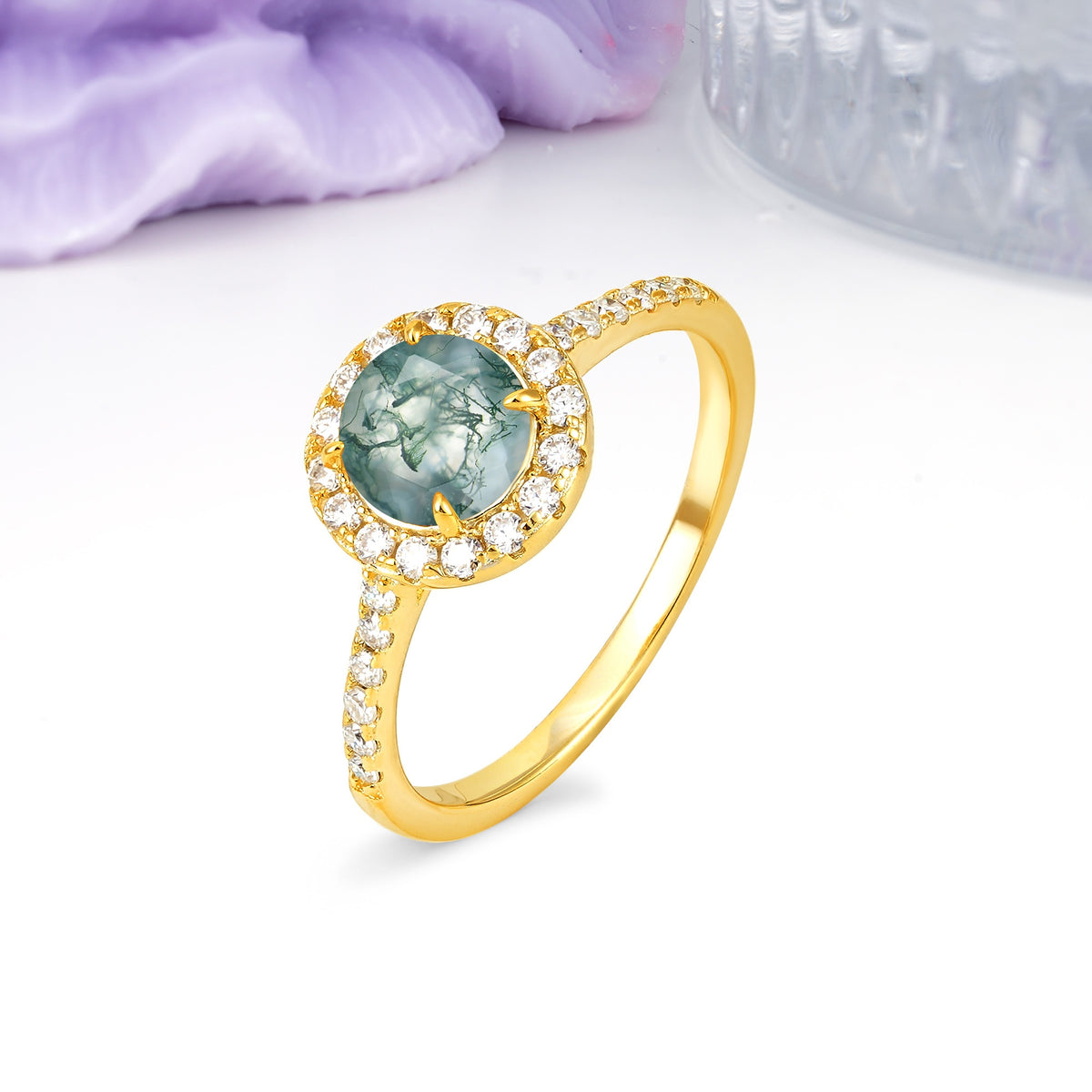 Luxurious Vintage 4 Prong Round Cut Moss Agate Engagement Ring - Additional view