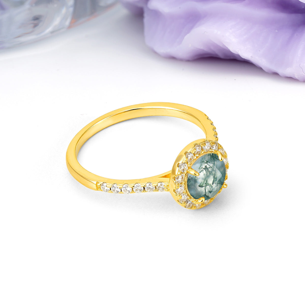 Luxurious Vintage 4 Prong Round Cut Moss Agate Engagement Ring - Additional view