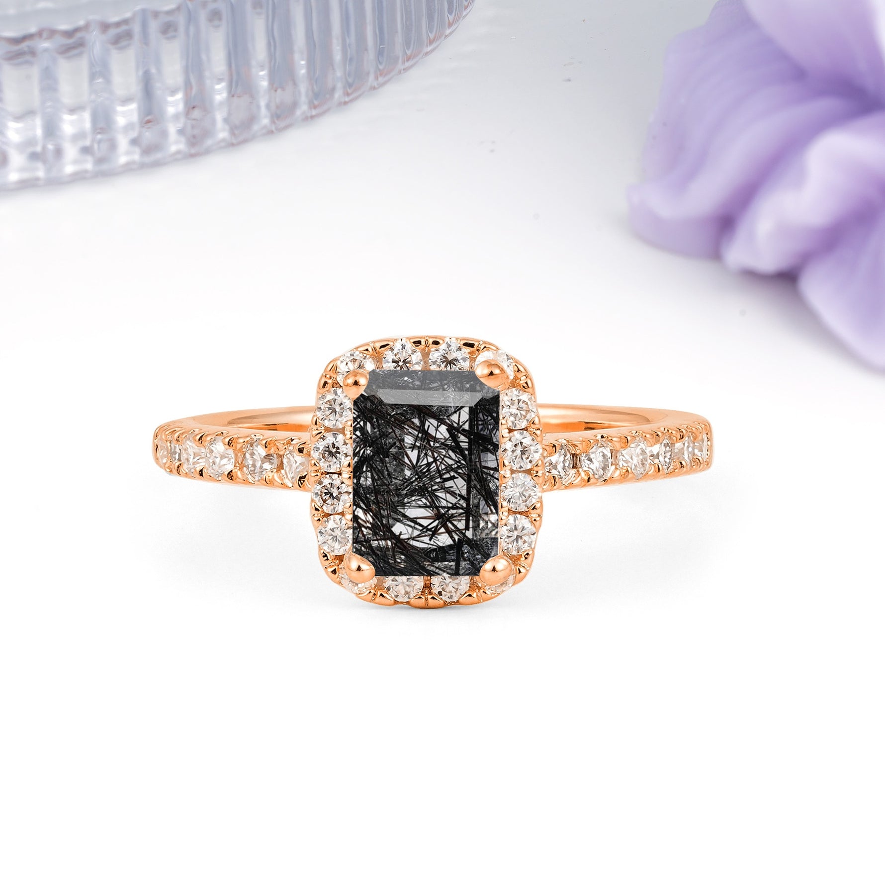 Luxurious Vintage Style 4 Prong Emerald Cut Black Rutilated Quartz Engagement Ring - Additional view
