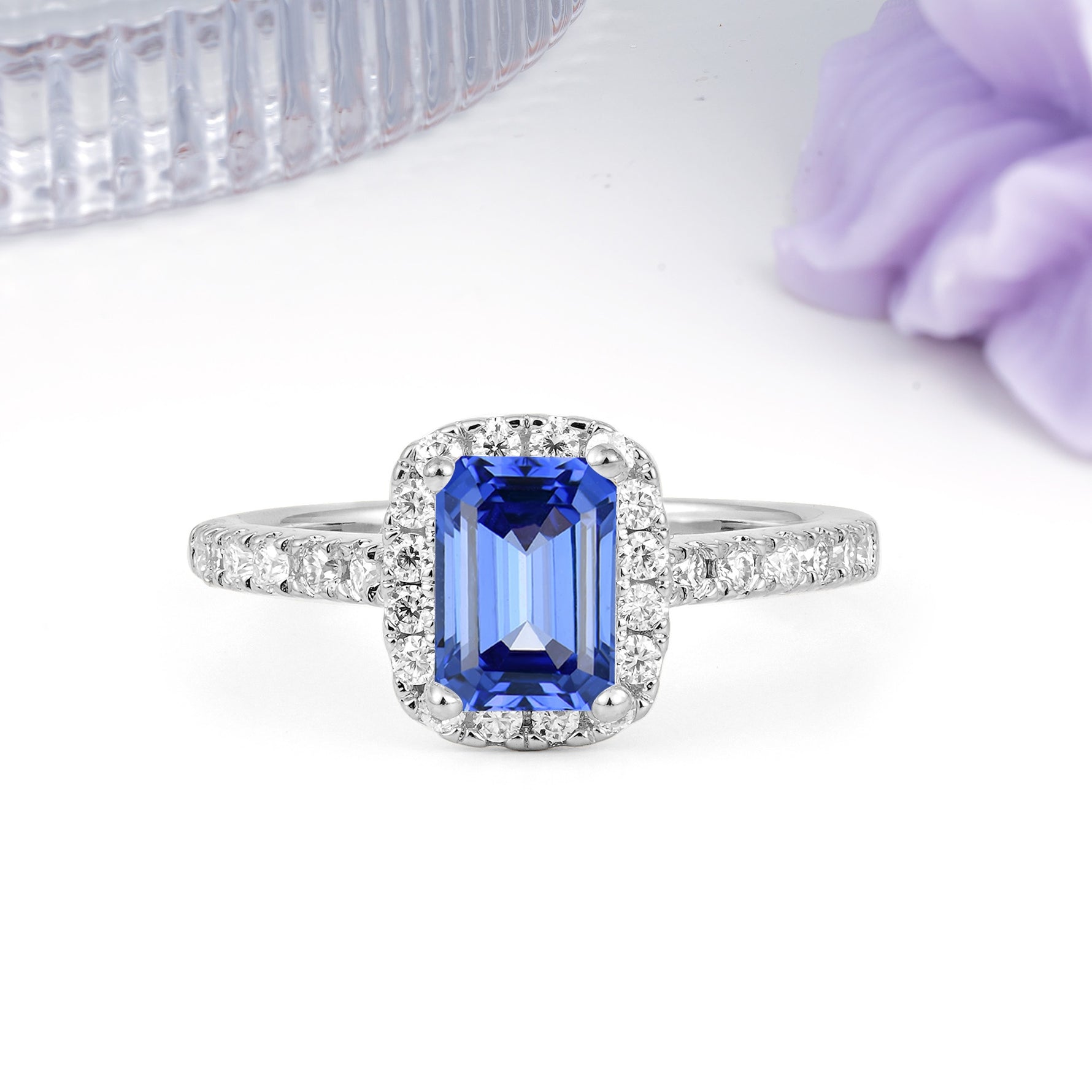 Luxurious Vintage Style 4 Prong Emerald Cut Sapphire Engagement Ring - Additional view