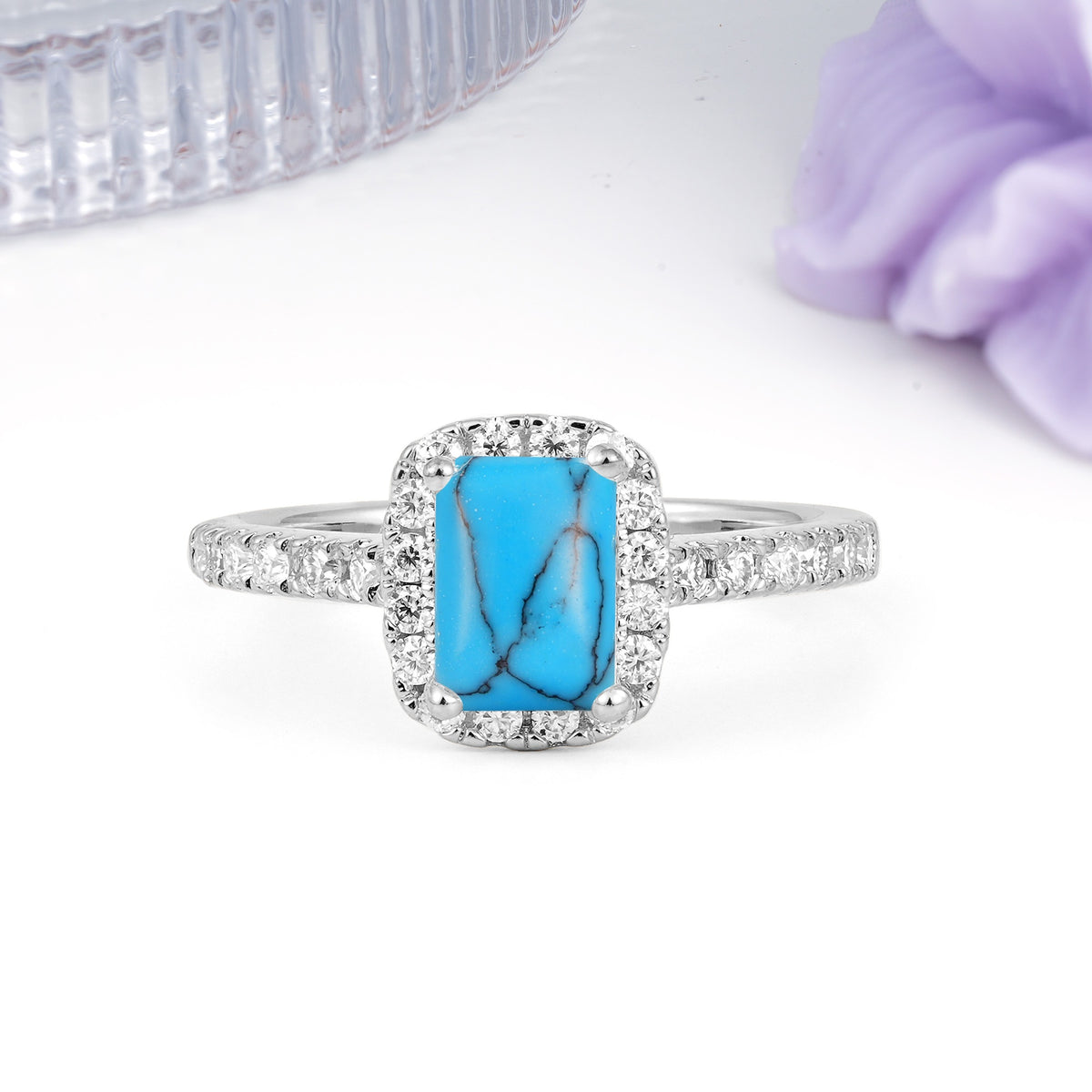 Luxurious Vintage Style 4 Prong Emerald Cut Turquoise Engagement Ring - Additional view