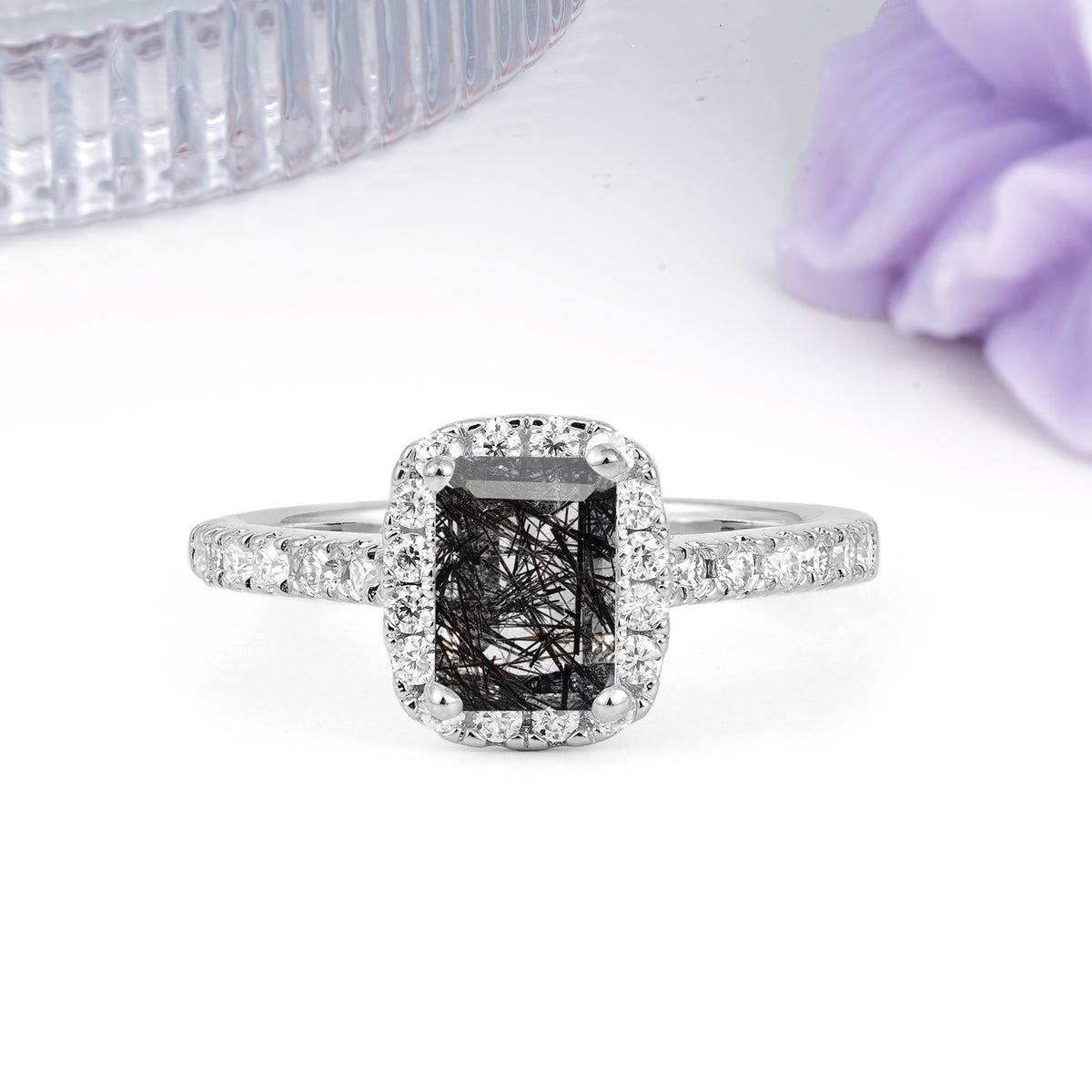 Luxurious Vintage Style 4 Prong Emerald Cut Black Rutilated Quartz Engagement Ring - Additional view