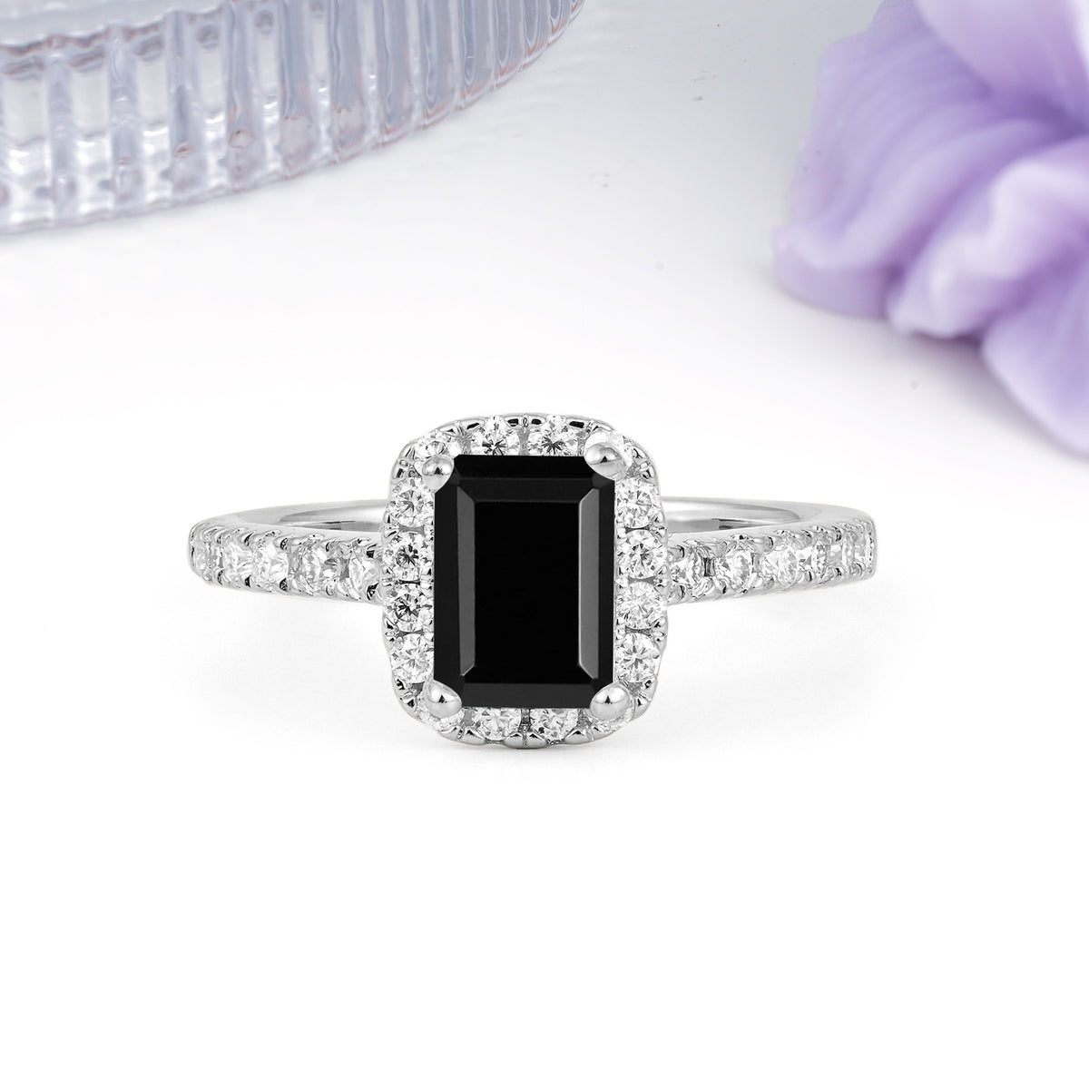 Luxurious Vintage Style 4 Prong Emerald Cut Black Onyx Engagement Ring - Additional view