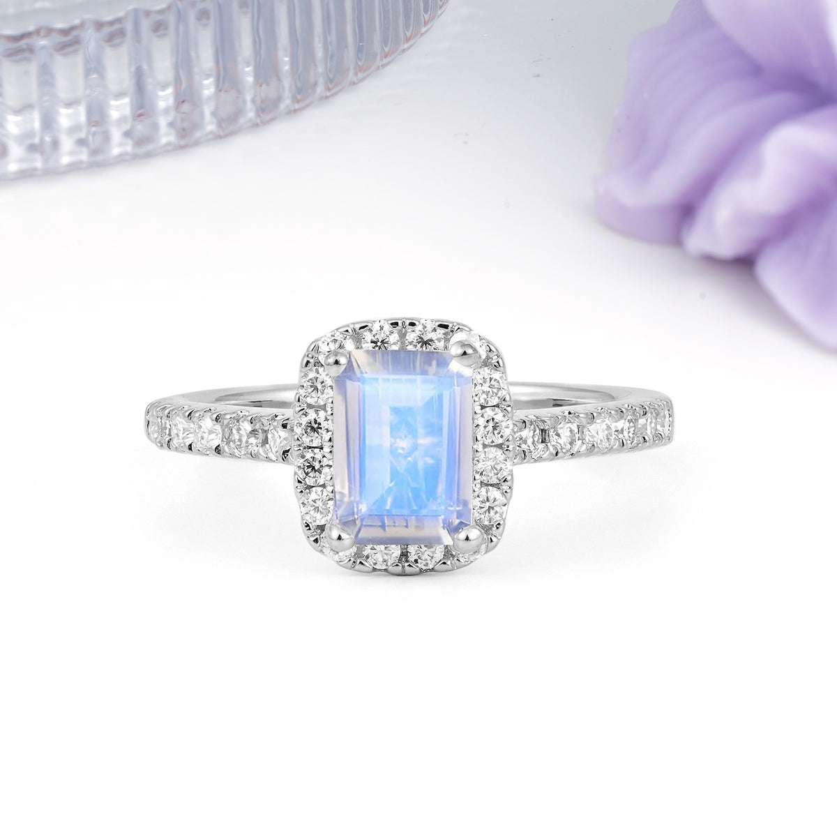 Luxurious Vintage Style 4 Prong Emerald Cut Moonstone Engagement Ring - Additional view