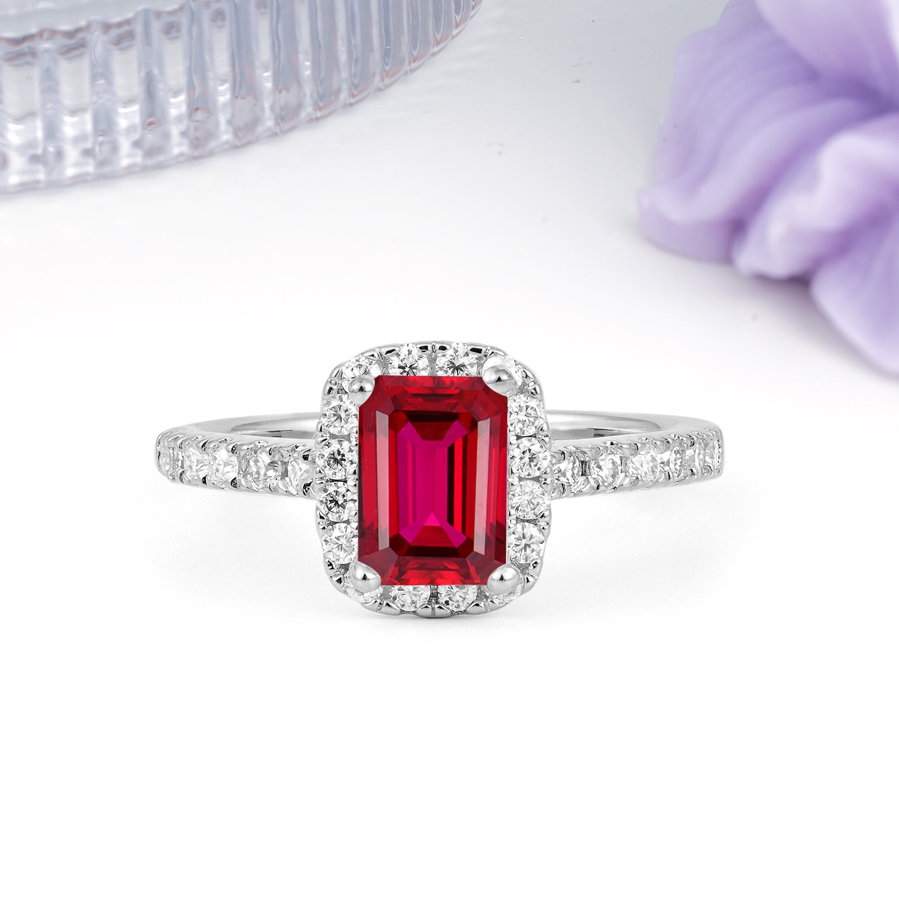 Luxurious Vintage Style 4 Prong Emerald Cut Ruby Engagement Ring - Additional view