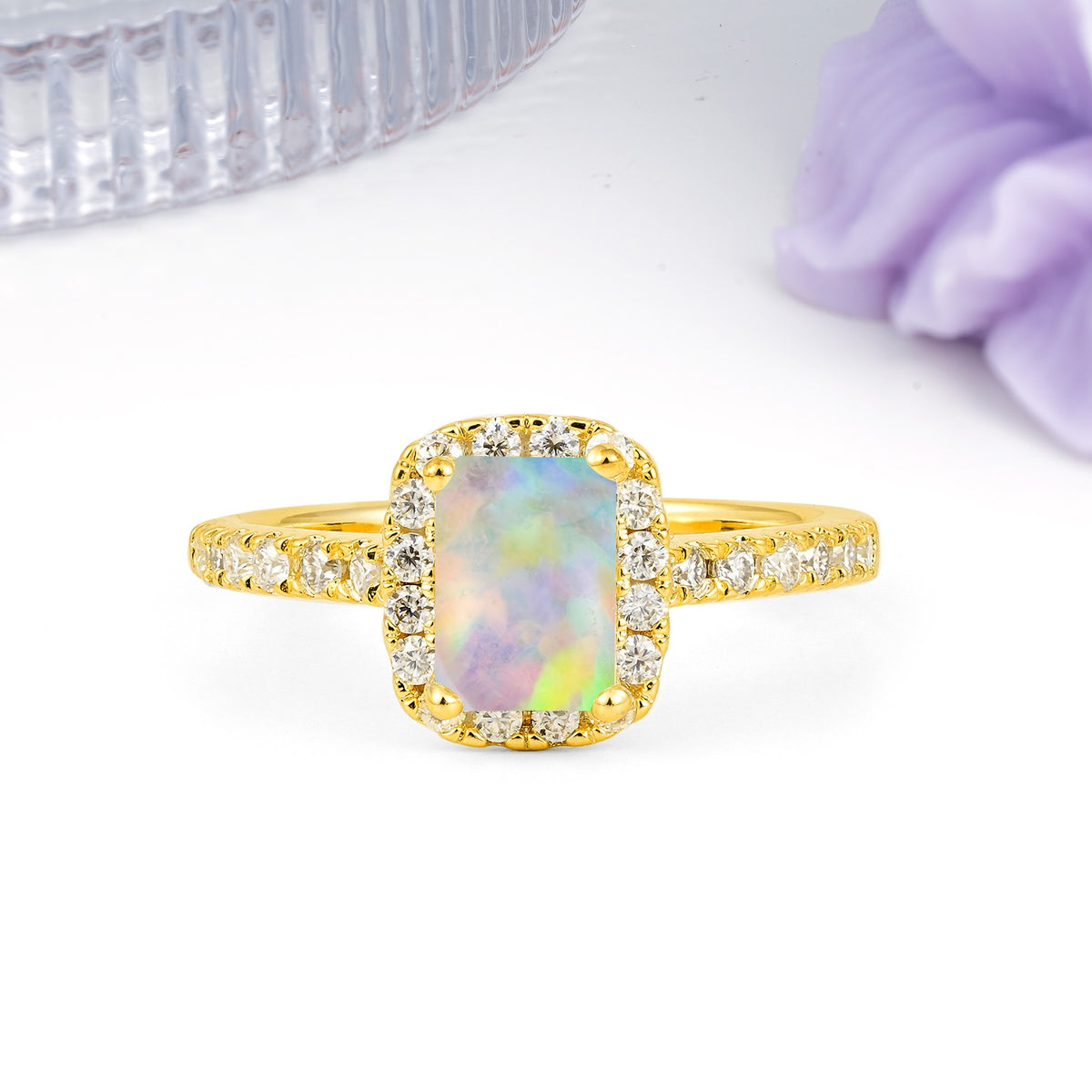 Luxurious Vintage Style 4 Prong Emerald Cut Fire Opal Engagement Ring - Additional view