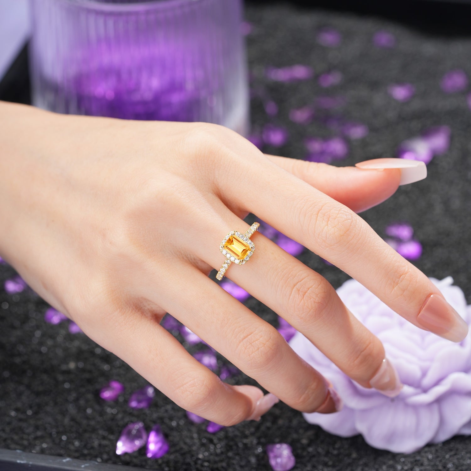 Luxurious Vintage Style 4 Prong Emerald Cut Citrine Engagement Ring - Additional view