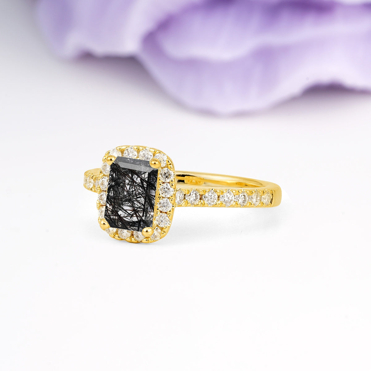 Luxurious Vintage Style 4 Prong Emerald Cut Black Rutilated Quartz Engagement Ring - Additional view