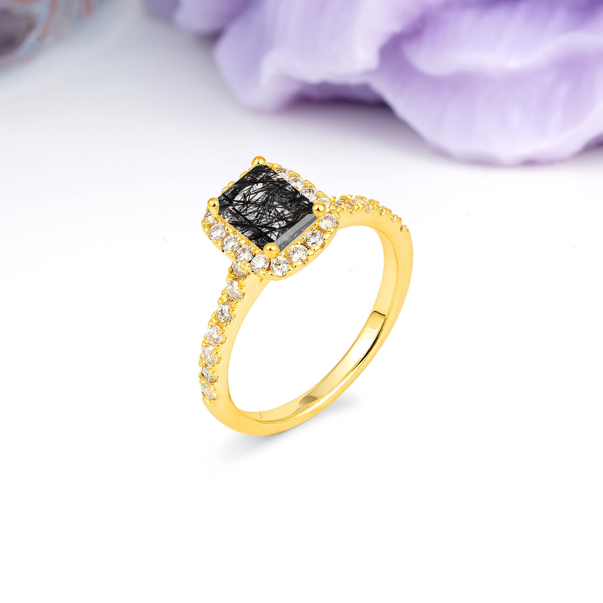Luxurious Vintage Style 4 Prong Emerald Cut Black Rutilated Quartz Engagement Ring - Additional view