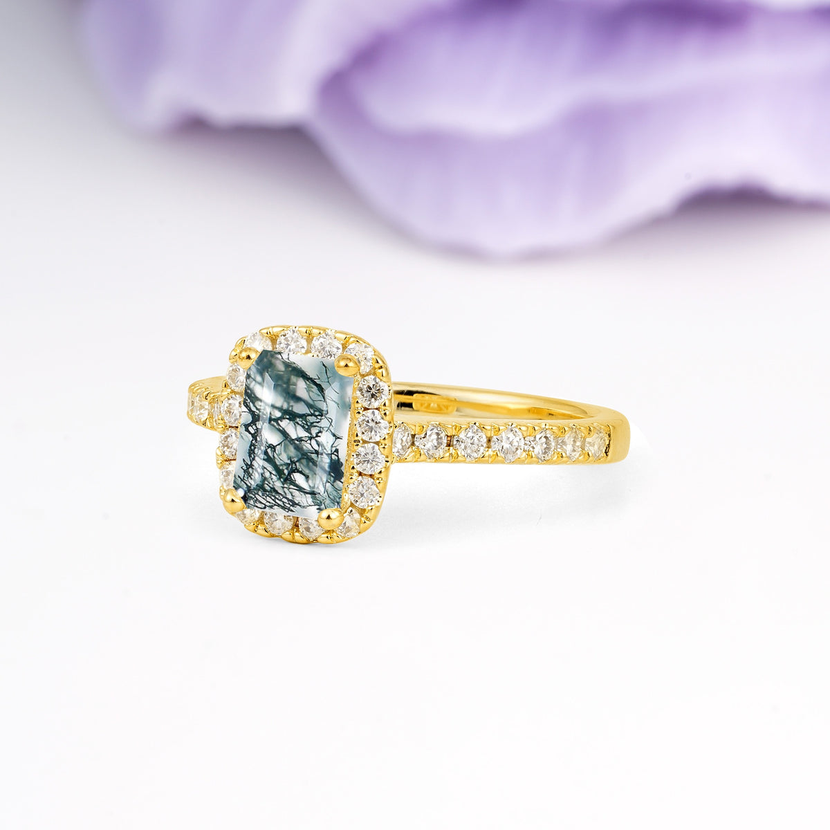 Luxurious Vintage Style 4 Prong Emerald Cut Moss Agate Engagement Ring - Additional view