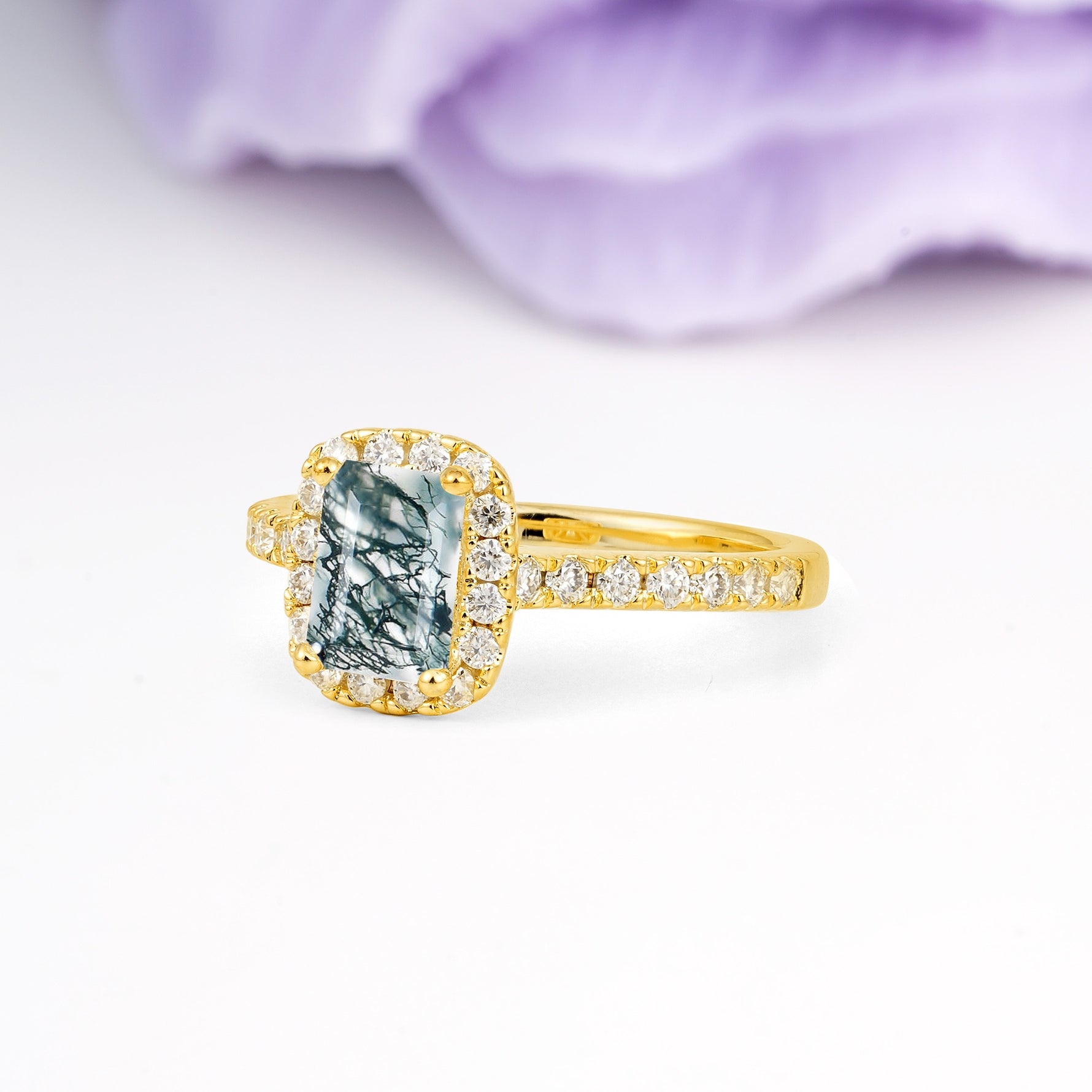 Luxurious Vintage Style 4 Prong Emerald Cut Moss Agate Engagement Ring - Additional view