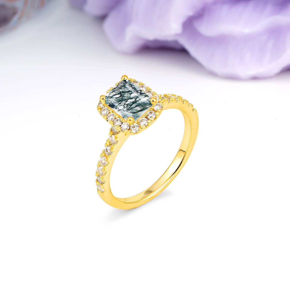 Luxurious Vintage Style 4 Prong Emerald Cut Moss Agate Engagement Ring - Additional view