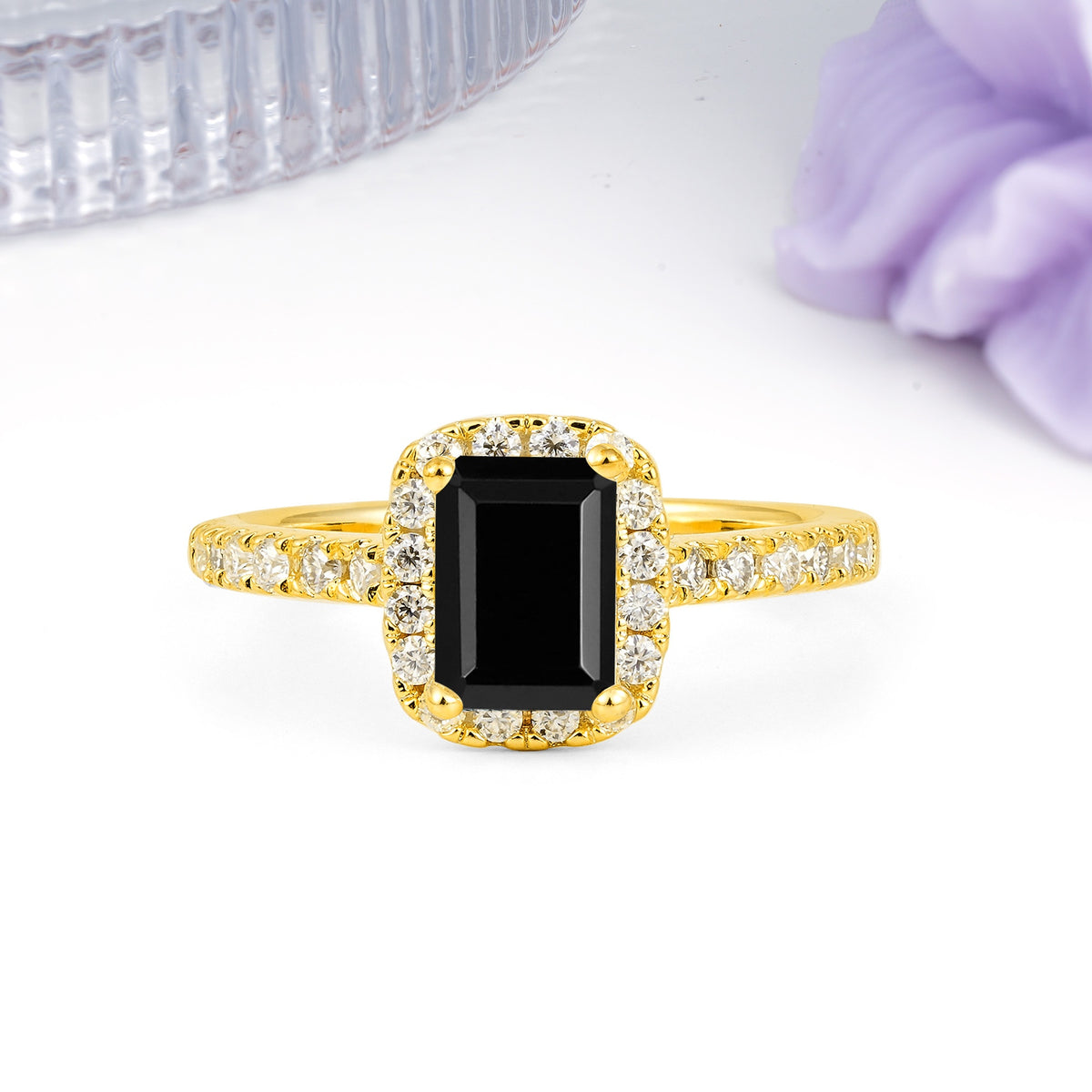 Luxurious Vintage Style 4 Prong Emerald Cut Black Onyx Engagement Ring - Additional view