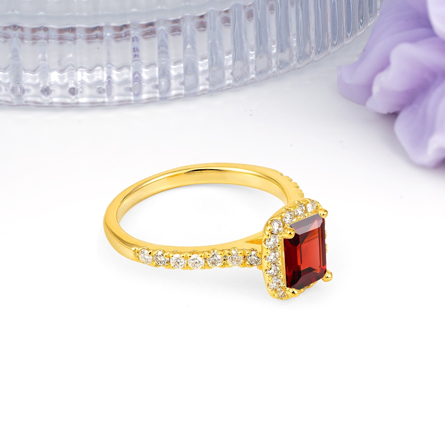Luxurious Vintage Style 4 Prong Emerald Cut Garnet Engagement Ring - Additional view