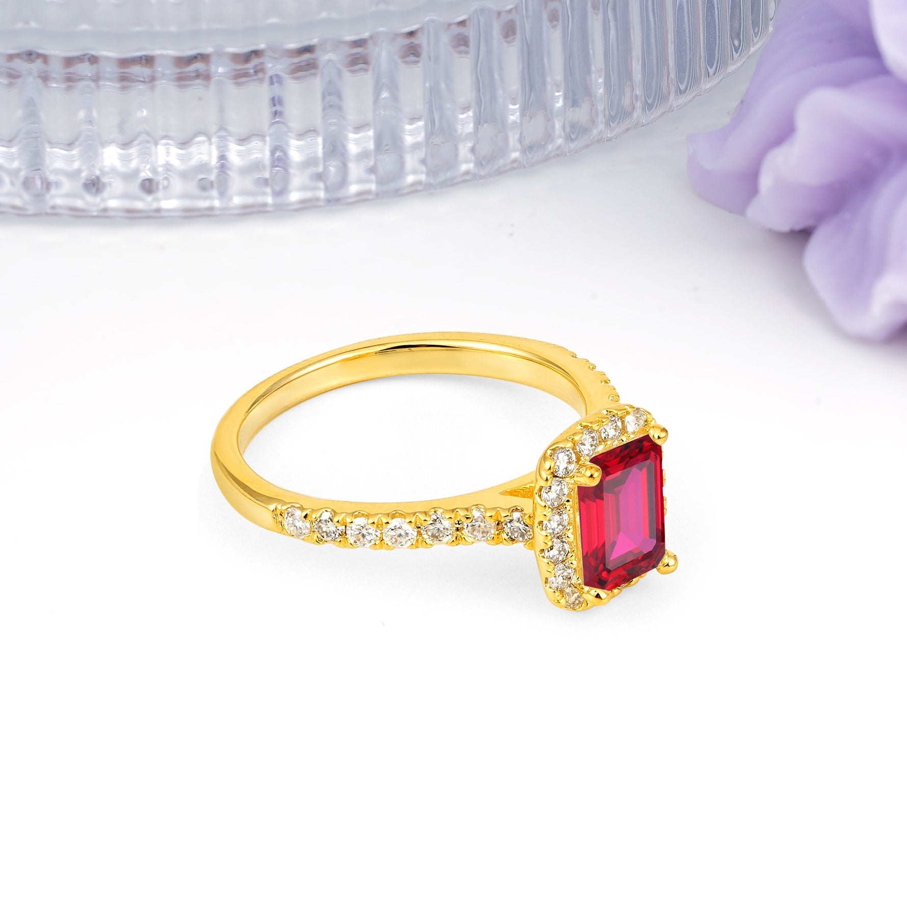 Luxurious Vintage Style 4 Prong Emerald Cut Ruby Engagement Ring - Additional view