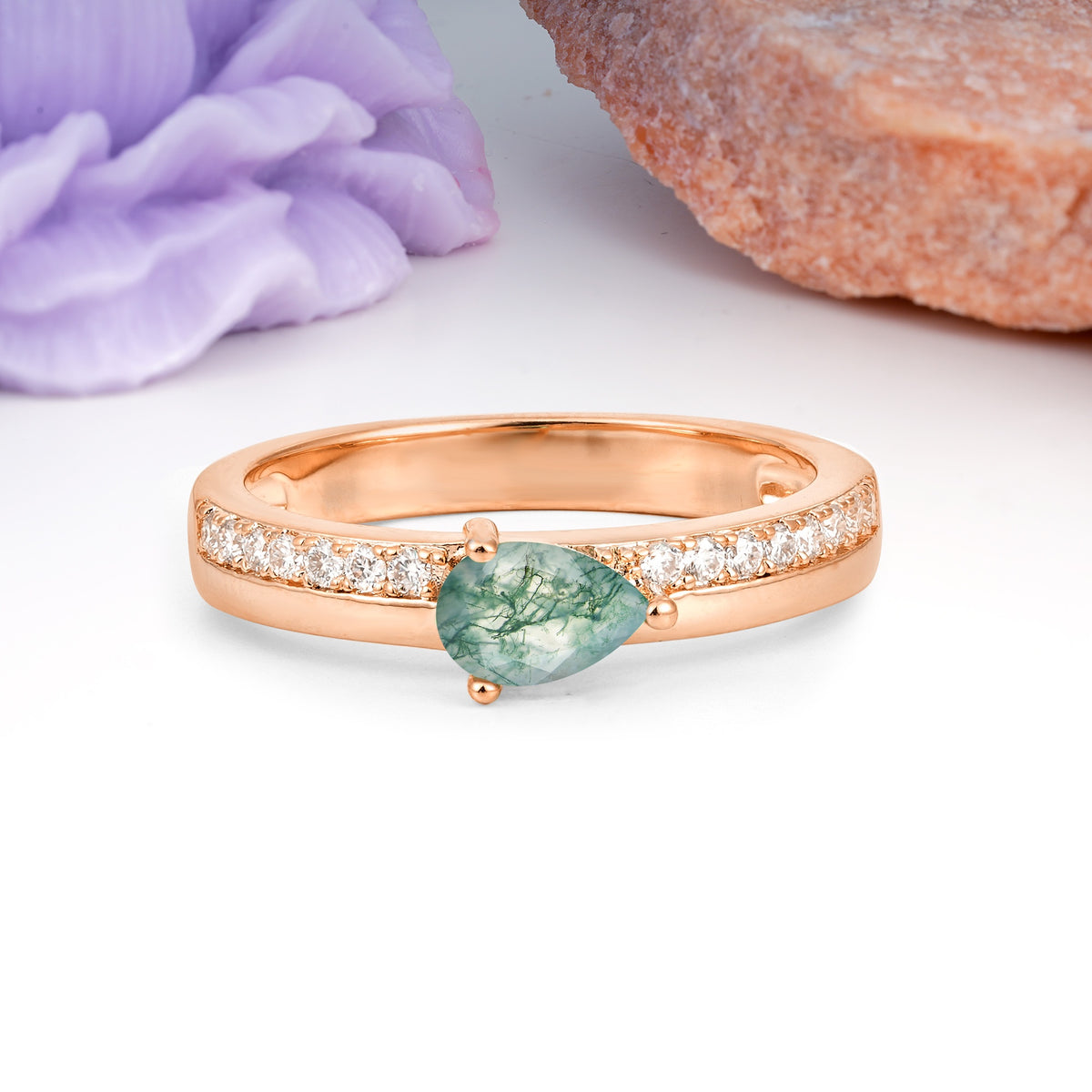Classic 3-Prong Pear Cut Moss Agate Engagement Ring - Additional view